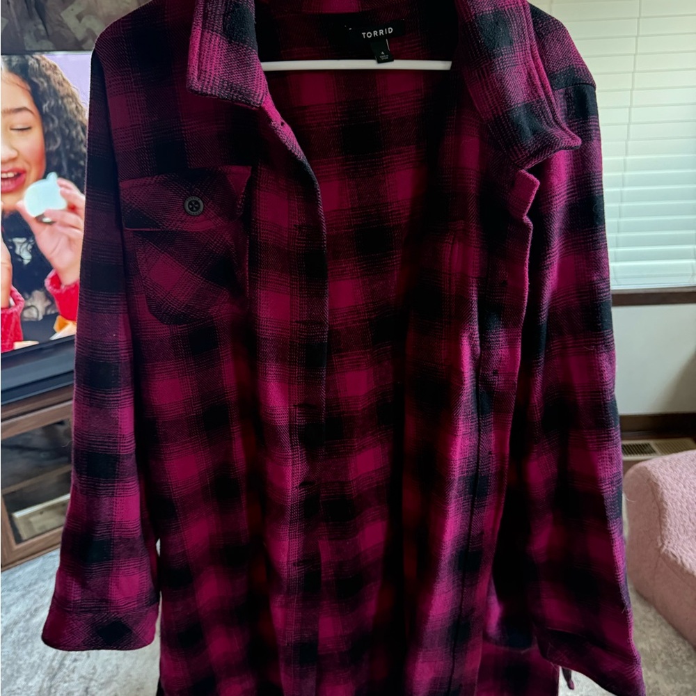 Torrid Magenta and Black Plaid Button-Front Shacket